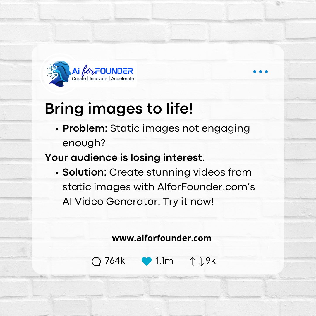 AiForFounder's tweet image. Bring images to life!
Problem: Static images not engaging enough?
Your audience is losing interest.
Solution: Create stunning videos from static images with AIforFounder.com’s AI Video Generator. Try it now!
#AIForFounders #AIPoweredContent #ContentCreationAI #AIAutomation