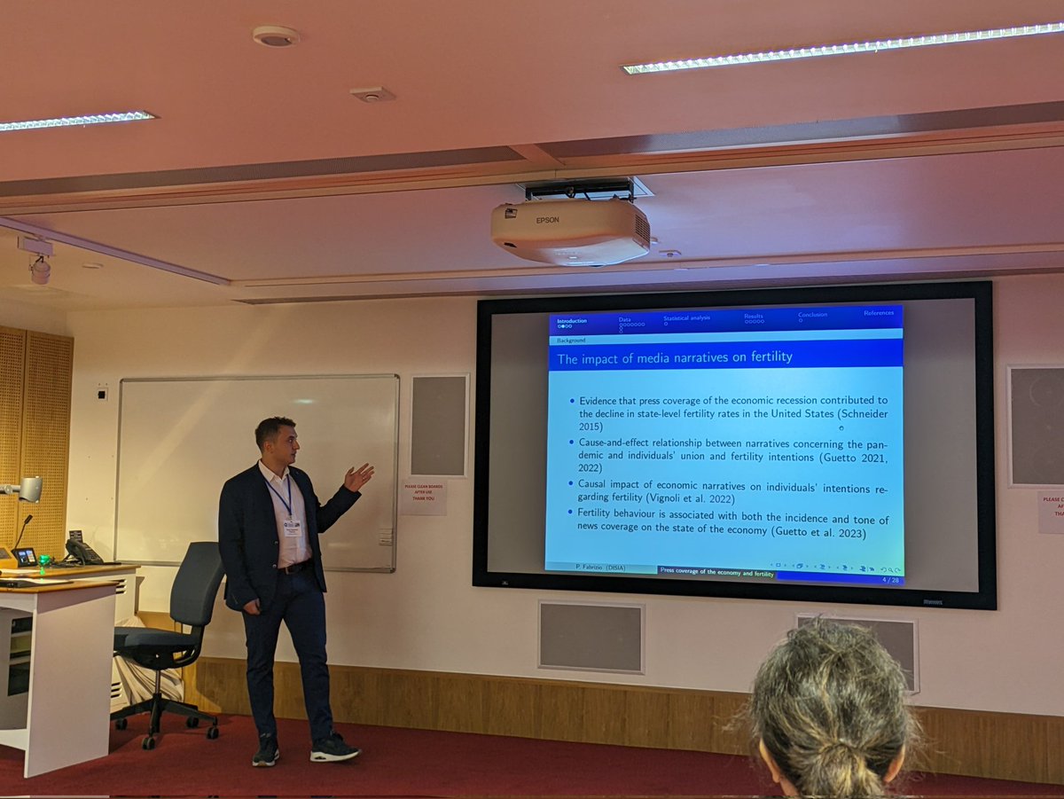 Paolo presents his work on the association between press coverage of the economy and aggregate fertility rates in the UK. He uses machine learning to create an index that measures news sentiment. #EPC2024 <a href="/CPCpopulation/">CPC</a>