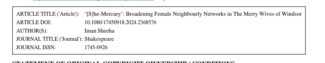 Iman Sheeha (@drsheeha) on Twitter photo I'm happy to share that my article on female neighbourly networks in The Merry Wives is forthcoming in <a href="/BSAShakespeare/">British Shakespeare Association</a> Shakespeare. It restores Mistress Quickly to critical visibility and argues for the social diversity of female networks in the play 🥂 I'm happy to share that my article on female neighbourly networks in The Merry Wives is forthcoming in <a href="/BSAShakespeare/">British Shakespeare Association</a> Shakespeare. It restores Mistress Quickly to critical visibility and argues for the social diversity of female networks in the play 🥂