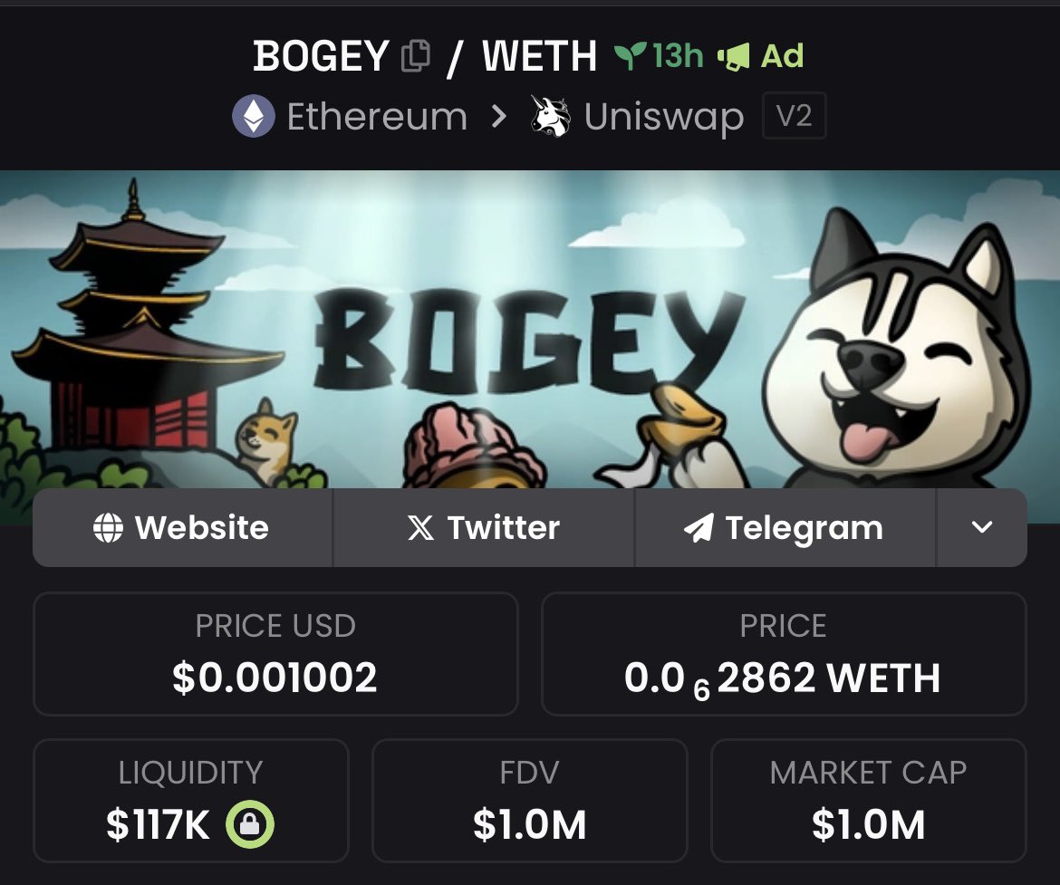 Are we enjoying $BOGEY here?

It already gave some multiples.

Chart screams higher.

Good chads onboard.

<a href="/CryptoKaduna/">Kaduna</a> <a href="/Katanagemcalls/">Katana🥷</a> @KenzoISRO <a href="/SharkSociety_/">Shark 🦈</a> <a href="/CryptoShilllz/">Shillz</a>