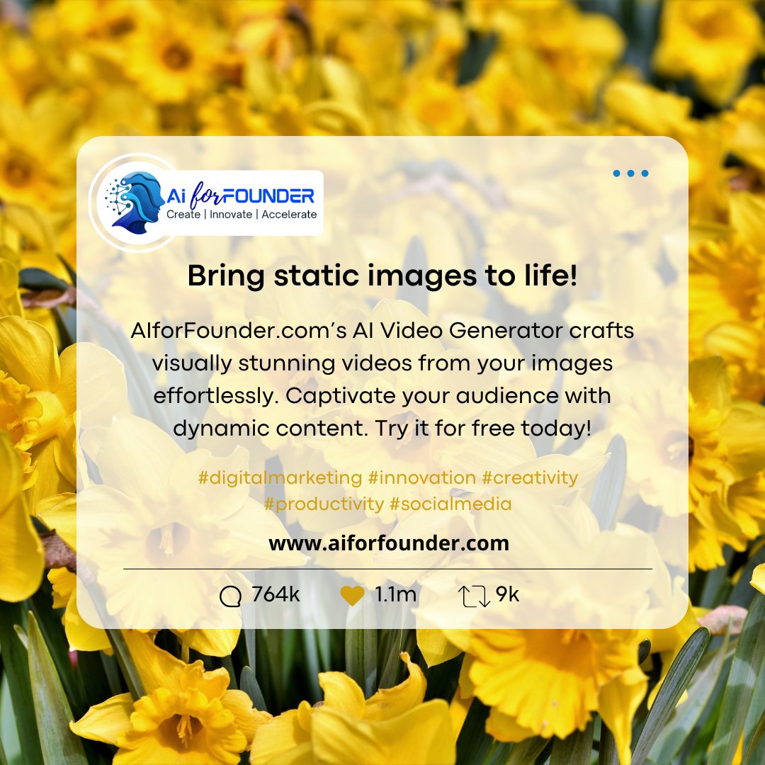 AiForFounder's tweet photo. Bring static images to life!
https://t.co/gWmVUSX2Qf’s AI Video Generator crafts visually stunning videos from your images effortlessly. Captivate your audience with dynamic content. Try it for free today!
#AIForFounders #SmartContentTools #digitalmarketing #socialmedia https://t.co/KEJoxAz2im
