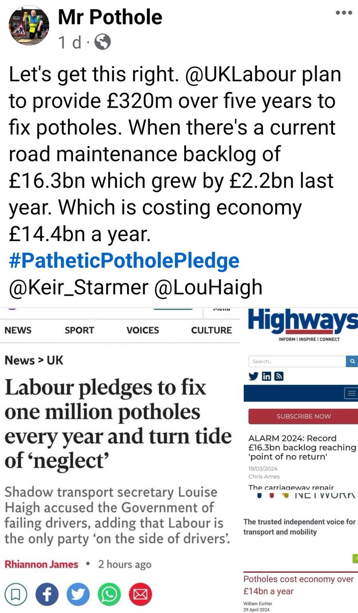 mrpotholeuk's tweet photo. Talking to @lembitopik on @tntradiolive at 9.30am about @UKLabour @Keir_Starmer manifesto #PatheticPotholePledge It's an insult to road users. What really needs to done to #FixPotholeBritain #CuringPotholeBritain @StDocErrors https://t.co/Zhs1XZN2Ys