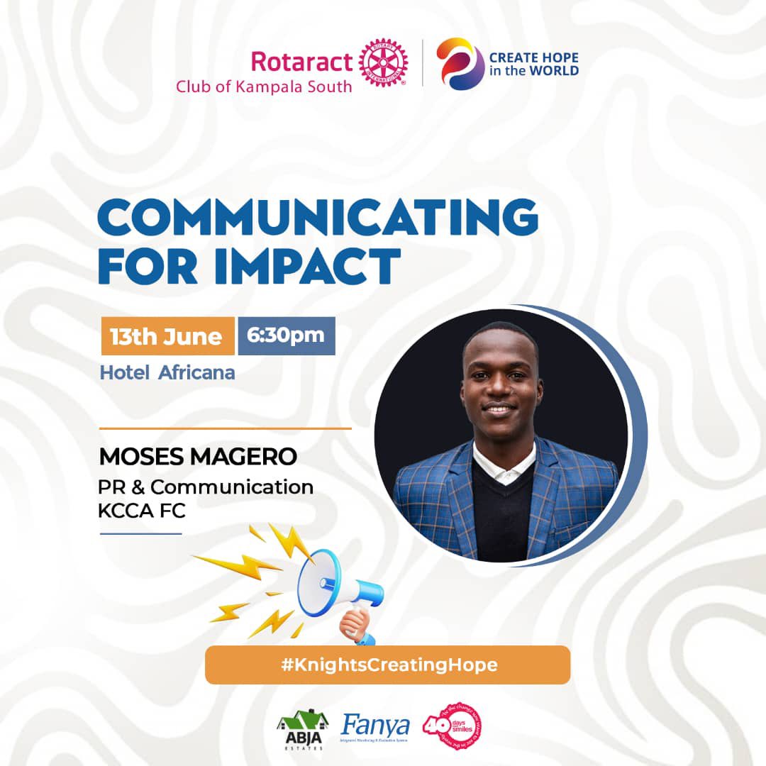 rctkampalasouth's tweet photo. Today's discussion will be about how to communicate for impact. 🗣️

Let’s get to know the nitty gritties of communication and the kind of impact it has. 📝

At the Southern Knights we will be hosting Mr Magero Moses who will be giving us insights. 

Venue: Hotel Africana 
Time: 6:30pm

#KnightsCreatingHope @magero_moses @KCCAFC