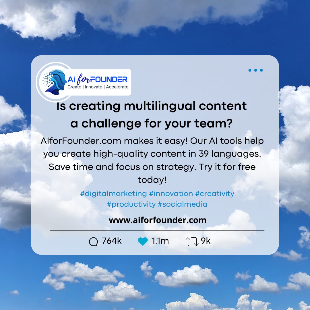 AiForFounder's tweet image. Is creating multilingual content a challenge for your team?
AIforFounder.com makes it easy! Our AI tools help you create high-quality content in 39 languages. Save time and focus on strategy. Try it for free today!
#AIForFounders #AIPoweredContent #ContentCreationAI