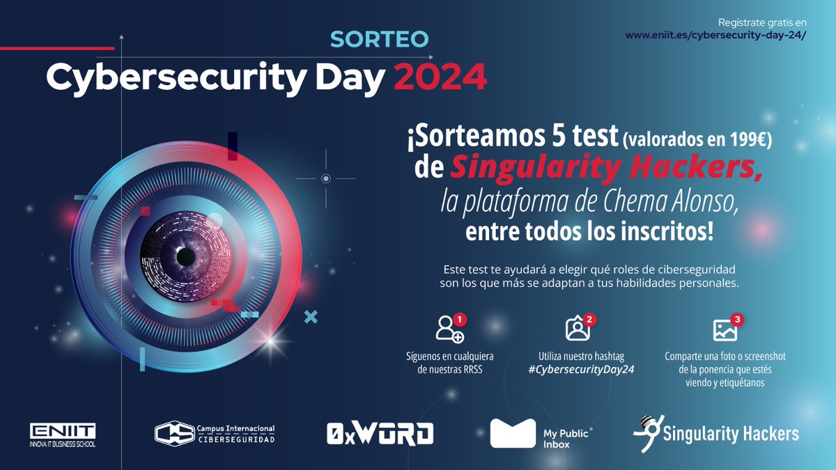 MCiberinteligen's tweet photo. 💥NUEVO SORTEO💥

¿Ya te has inscrito en el #CybersecurityDay24? ¡Pues tenemos una sorpresa para tí! 

¡Sorteamos 5 test de #SingularityHackers, la plataforma de Chema Alonso, entre todos los inscritos!  

https://t.co/ZHj4NA3EQi
(1/3) https://t.co/ETwkCXYux1