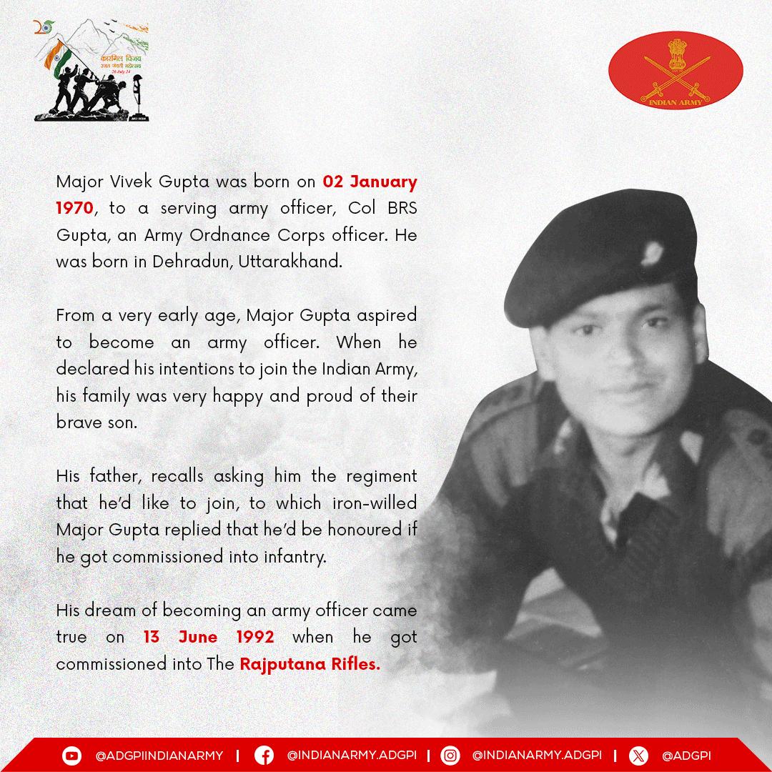 adgpi's tweet photo. #25YearsofKargilVijay
#KVDRajatJayanti 

Major Vivek Gupta
13 June 1999
Rajputana Rifles

Uncover the inspiring saga of Major Vivek Gupta, a valiant son of Dehradun, born on 02 January 1970, to a family dedicated to the service of our Nation. In the fierce battleground of #Dras sector during #Kargil War, he led the Company assault to capture #Tololing.

For his exemplary courage & gallant leadership, he was Awarded #MahaVirChakra (Posthumous). His legacy of indomitable courage continues to inspire & resonate with every Indian heart.

We pay our tribute! 

#KVD2024 
#IndianArmy 

https://t.co/Nq7fOLsL8I