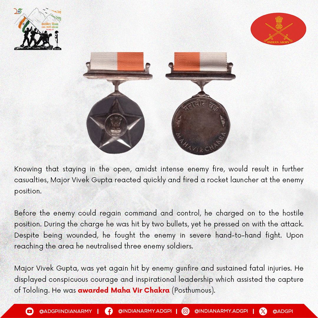 adgpi's tweet photo. #25YearsofKargilVijay
#KVDRajatJayanti 

Major Vivek Gupta
13 June 1999
Rajputana Rifles

Uncover the inspiring saga of Major Vivek Gupta, a valiant son of Dehradun, born on 02 January 1970, to a family dedicated to the service of our Nation. In the fierce battleground of #Dras sector during #Kargil War, he led the Company assault to capture #Tololing.

For his exemplary courage & gallant leadership, he was Awarded #MahaVirChakra (Posthumous). His legacy of indomitable courage continues to inspire & resonate with every Indian heart.

We pay our tribute! 

#KVD2024 
#IndianArmy 

https://t.co/Nq7fOLsL8I
