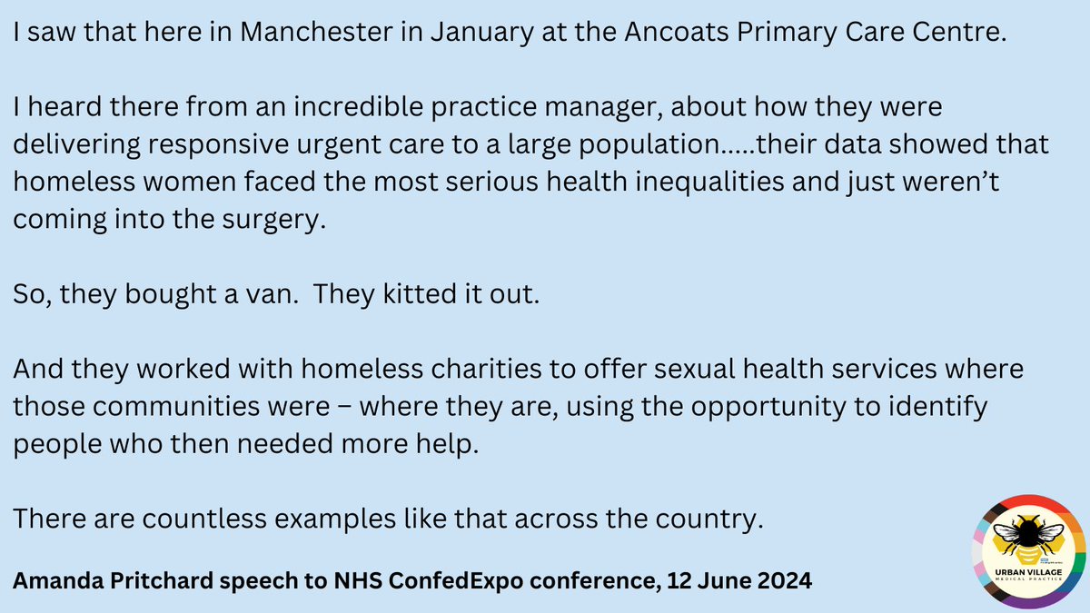 We were delighted to hear that <a href="/AmandaPritchard/">Amanda Pritchard</a> talked about our <a href="/uvmphomeless/">Manchester’s Homeless Healthcare Service</a> healthcare service and #PracticeManager <a href="/KayFKeane/">KayKeane FRSA MIGPM (she/her)</a> in her speech at <a href="/NHSConfed/">NHS Confederation</a> #NHSconfedexpo yesterday.  You can see transcript of the full speech here 

england.nhs.uk/events/highlig…