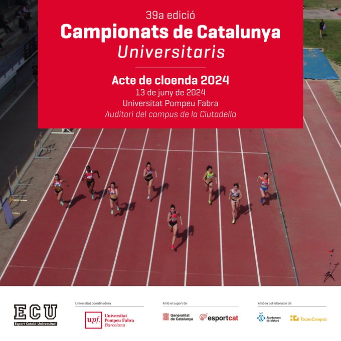 UPFBarcelona's tweet photo. #CCU24 #esportuniversitari
A les 12.30 h celebrarem l'acte de cloenda de la 39a edició dels Campionats de Catalunya Universitaris!
També s'anunciarà el relleu de la ciutat que acollirà els CCU 2025. Mataró passarà el testimoni a Tarragona.
Auditori del campus de la Ciutadella https://t.co/CZvDCAEQ9q