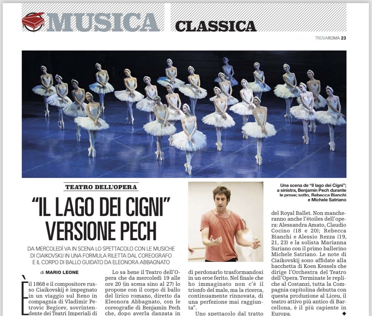 TrovaRoma_Rep's tweet photo. All’@OperaRoma debutta “Il lago dei cigni” nella formula riletta dal coreografo #BenjaminPech. In scena i danzatori del Corpo di Ballo guidato da @EleonoraAbbagn. Ne parla @maestroleone sul #TrovaRoma, in edicola oggi con @repubblica. Inviti per i lettori. https://t.co/QzIPvLrthS