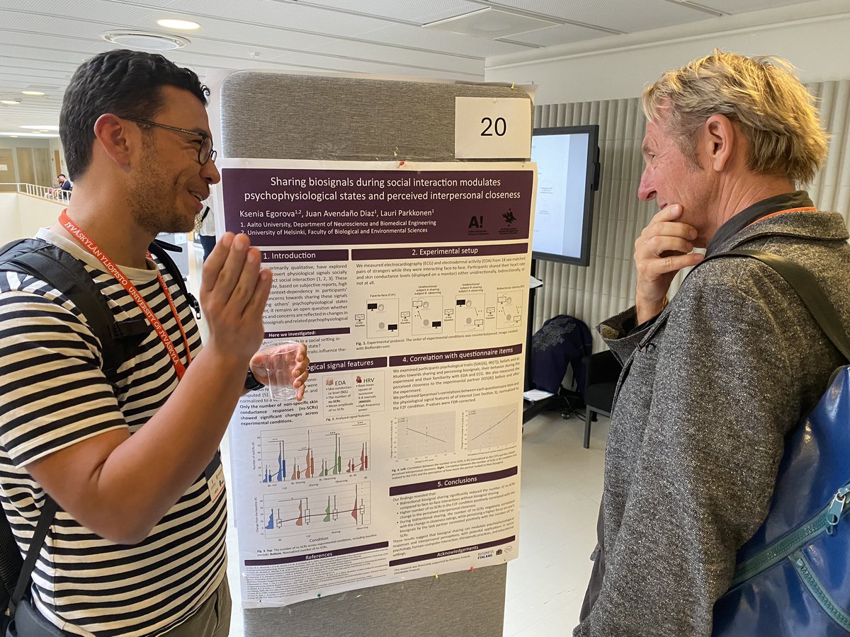 ParviainenTiina's tweet photo. Truly impressed by the quality of the poster presentations in our #syncJYU conference! Also happy to see the broad spectrum of topics synchronized to reach better understanding of human (&amp; animal!) #interaction 🧠🫁🫀👀👫🐶🐴  Remember to vote for the best poster! @JKLBrainMind https://t.co/3t1TfFyY7y