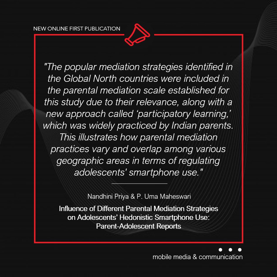 Mobile Media & Comm (@mobilemediacomm) on Twitter photo 📱✨New study by <a href="/Nandhini_Priya_/">Nandhini priya</a> & P. Uma Maheswari reveals how various parental approaches impact teens' pleasure-driven phone use.
🔍Findings show mixed effects, with restrictive mediation showing no influence.
🔗journals.sagepub.com/doi/10.1177/20… 📱✨New study by <a href="/Nandhini_Priya_/">Nandhini priya</a> & P. Uma Maheswari reveals how various parental approaches impact teens' pleasure-driven phone use.
🔍Findings show mixed effects, with restrictive mediation showing no influence.
🔗journals.sagepub.com/doi/10.1177/20…