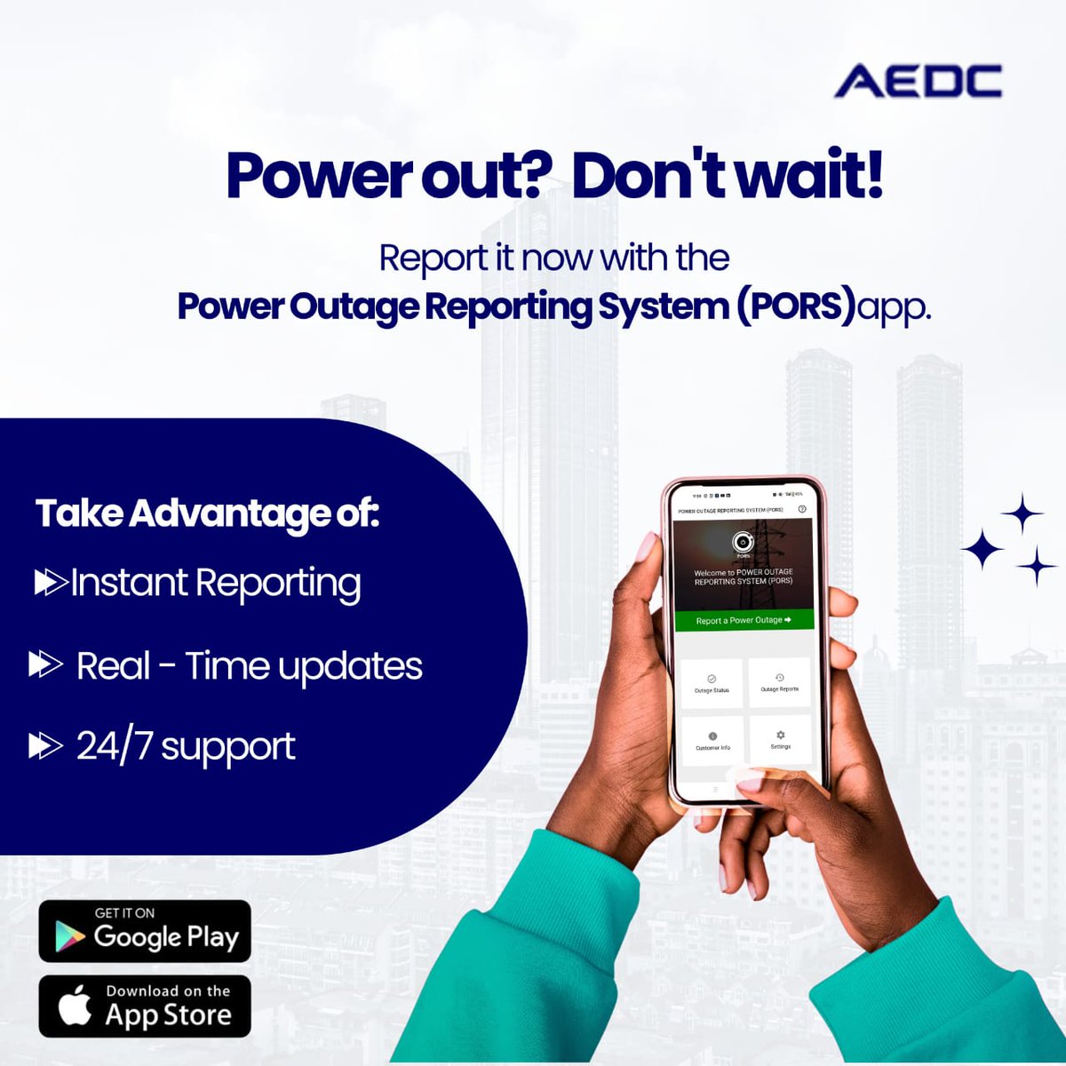 aedcelectricity's tweet photo. Lights out? Report it fast!
Download the Power Outage Report System (PORS) app to easily report power outages and get updates straight to your phone.
#PORS #ReportOutage
#GetPowerBack
#AEDC #Abujadisco
#PowerofCommitment https://t.co/s0Djc25SU0