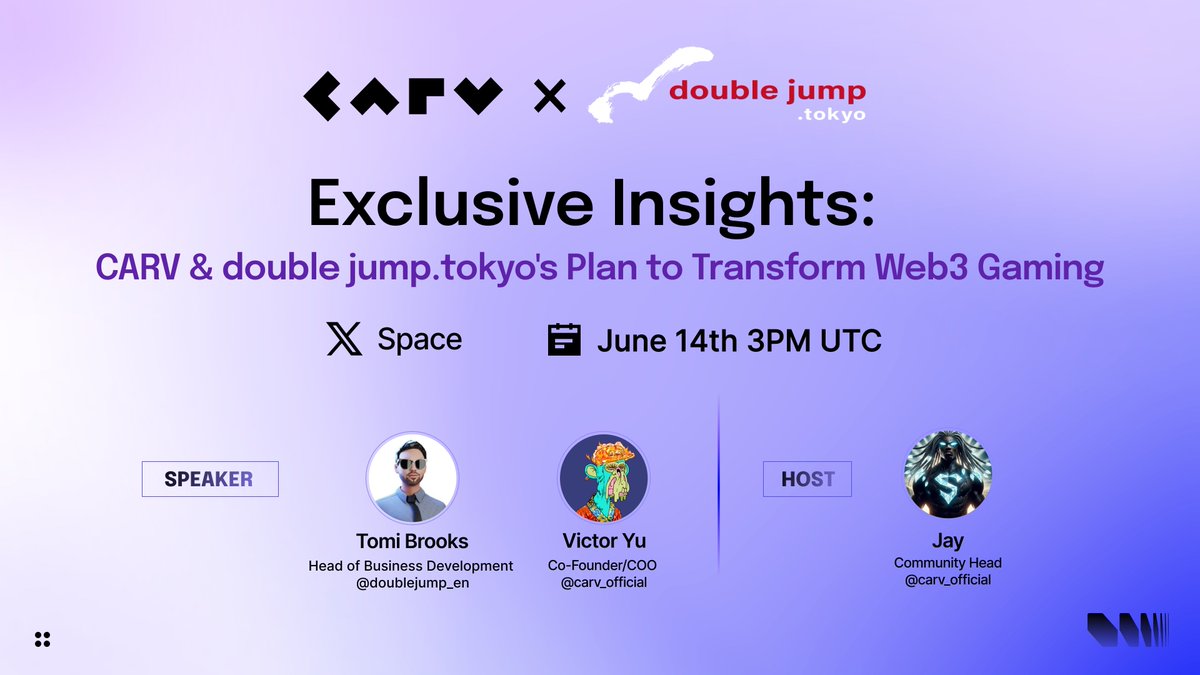 Join our exclusive AMA with double jump.tokyo <a href="/doublejump_en/">double jump.tokyo Inc. 👾</a> to explore how we're transforming the future of #Web3 gaming!

Set your reminder now 👉 x.com/i/spaces/1kvJp…

Date: June 14th 3PM UTC
Speakers: Tomi Brooks (Head of BD, double jump.tokyo) &amp;