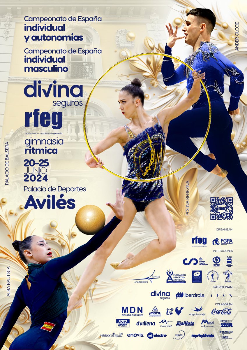 #Avilés acogerá el Campeonato de España individual y autonomías y el Campeonato de España individual masculino de #GR del 20 al 25 de junio. Comparto el cartel del evento con Ander Olcoz, Polina Berezina y Alba Bautista como protagonistas. ¡Espero que os guste! #GRAvilés24