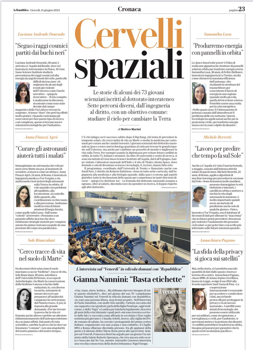 Giornate Nazionali del  Dottorato Nazionale in Space Science and Technology : articolo oggi su Repubblica