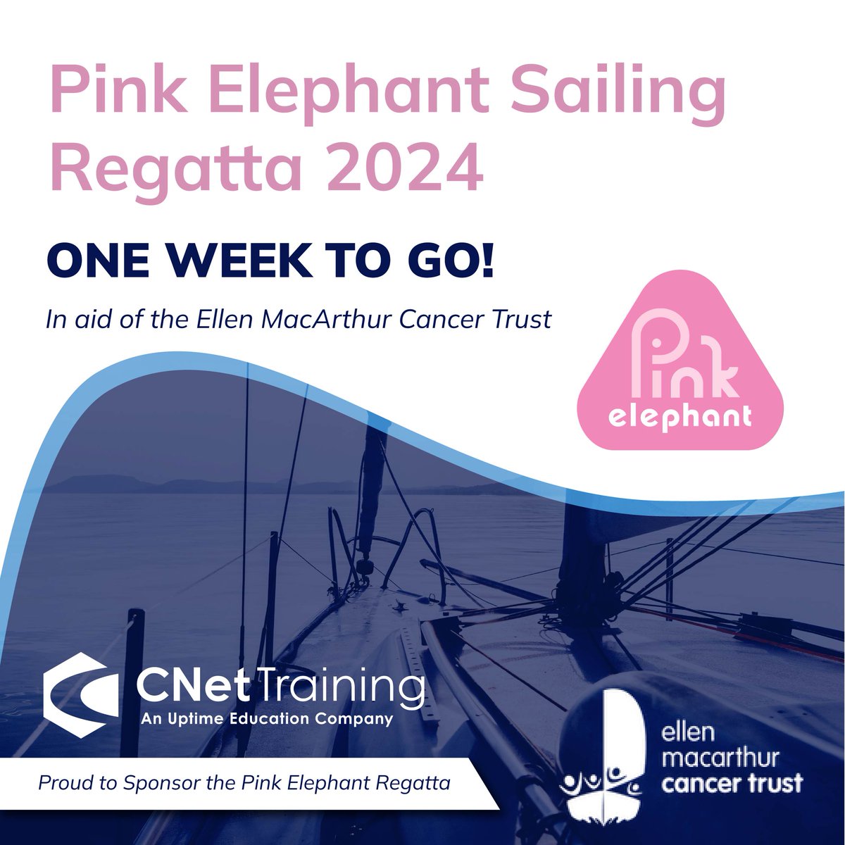 CNettraining's tweet image. This time next week, CNet's sailors Ken Hillyer and Josh Boulton will be out on the water, taking part in the Pink Elephant Sailing Regatta in aid of the Ellen MacArthur Cancer Trust. Read more about the charity here: buff.ly/2J0GT7c
#cnettraining #pinkelephant #charity