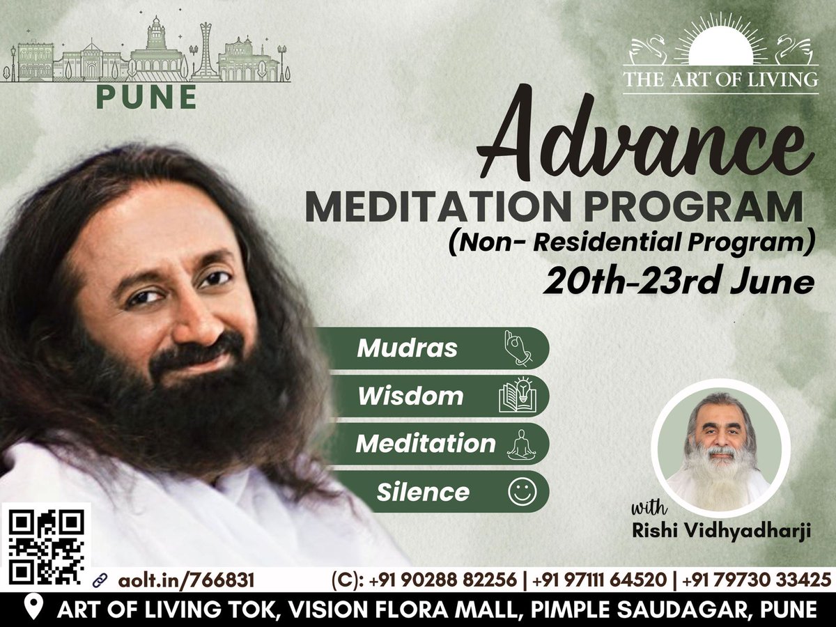 Non-residential ADVANCED MEDITATION PROGRAM with <a href="/Rishividhyadhar/">Rishi Vidhyadhar</a> Ji at Pimple Saudagar, Pune.

MUDRAS | WISDOM |  MEDITATION | SILENCE

🗓️Dates: 20th-23rd June
🔗Register here: aolt.in/766831 
📍Pune, Maharashtra

<a href="/SriSri/">Gurudev</a> 

#Meditation #Wellness #Pune #Wisdom #Peace