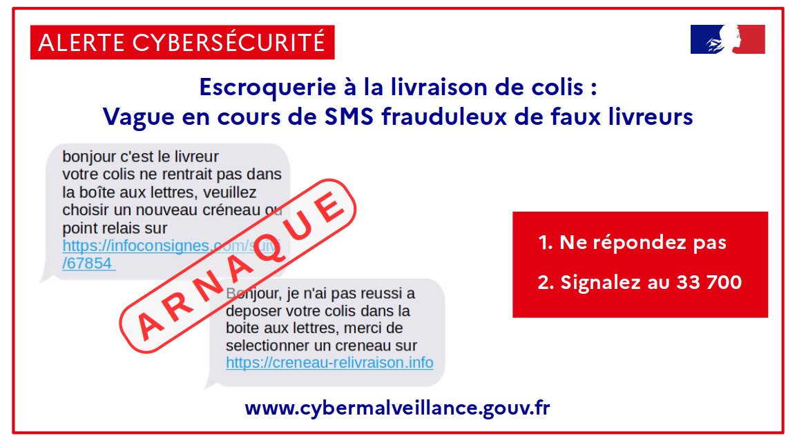 cybervictimes's tweet photo. 🔴 [#ALERTE #Cybersécurité] #Livraison de #colis : vague en cours de #SMS frauduleux de faux #livreurs

⚠️ C'est une #arnaque !    

➡️ Risques : vol de données personnelles et bancaires 

🛡️ Ne répondez pas et signalez -> "https://t.co/YDVZAO55kz" ! 👇 

#hameçonnage #phishing https://t.co/GDZIjKIF3j
