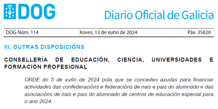 ppsada's tweet photo. ORDE do 5 de xuño de 2024 pola que se conceden axudas para financiar actividades das confederacións e federacións de nais e pais do alumnado e das asociacións de nais e pais do alumnado de centros de educación especial para o ano 2024.
https://t.co/ARB6r6XRlu https://t.co/saFCkUdBNJ