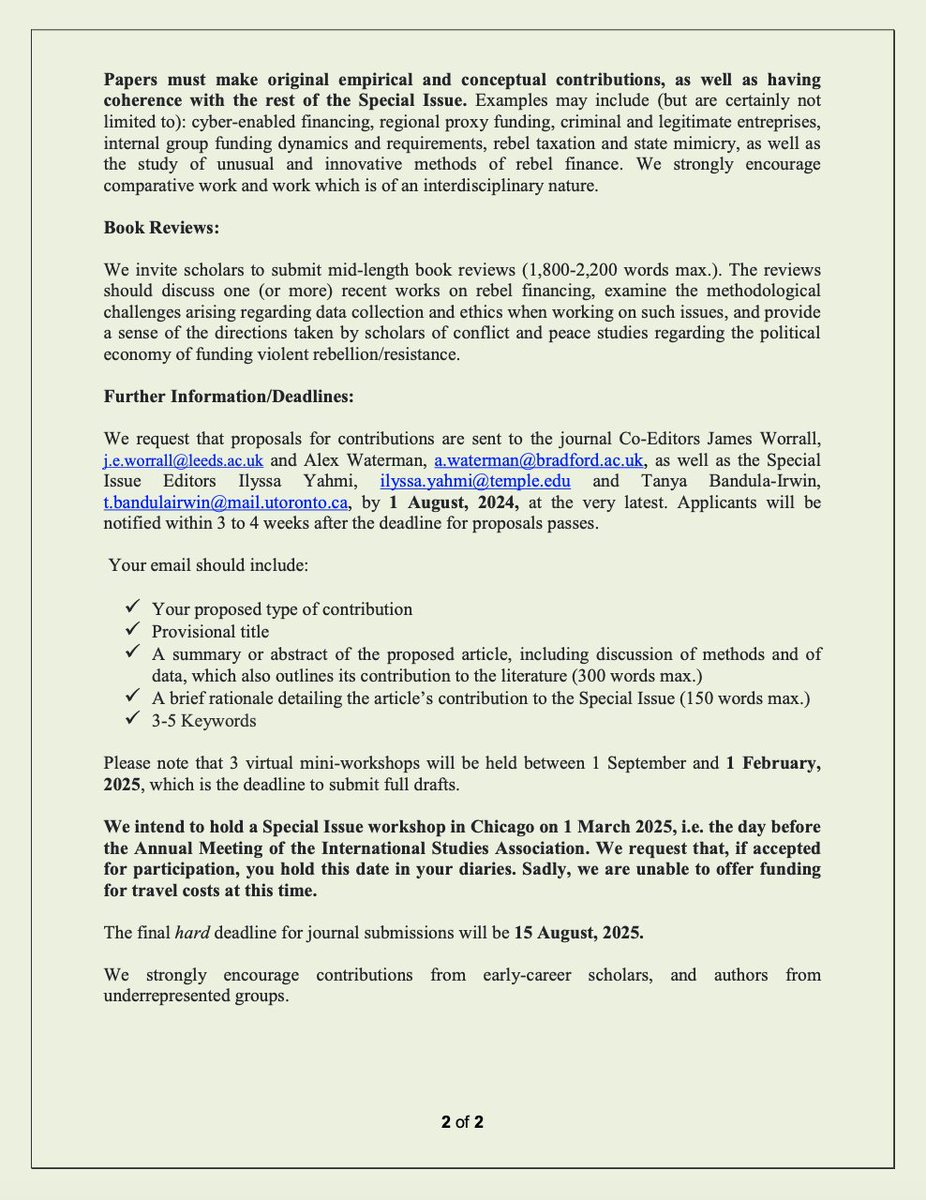 Journal of Civil Wars (@journalofcw) on Twitter photo Call for contributions to a fascinating special issue on the finances of insurgency and rebel governance - please send proposals to <a href="/_AlexWaterman/">Alex Waterman</a> <a href="/PolViolence/">James Worrall</a> <a href="/ilyssa_y/">ilyssa</a> and <a href="/irwintanya/">Tanya Bandula-Irwin</a>, and share widely among your networks! Call for contributions to a fascinating special issue on the finances of insurgency and rebel governance - please send proposals to <a href="/_AlexWaterman/">Alex Waterman</a> <a href="/PolViolence/">James Worrall</a> <a href="/ilyssa_y/">ilyssa</a> and <a href="/irwintanya/">Tanya Bandula-Irwin</a>, and share widely among your networks!