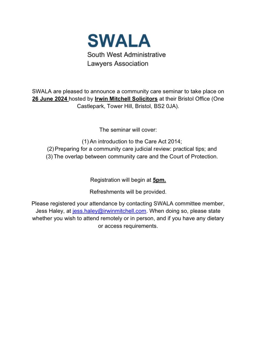 Community care and CoP lawyers in South West England (and further afield). This should be an event for you. I will be one of the speakers. It would be great to see you there.