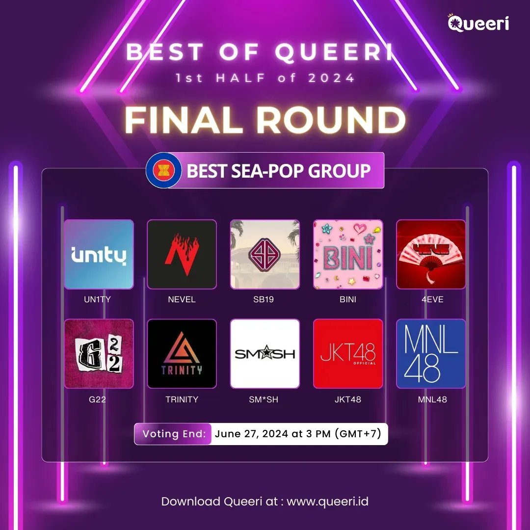 queeri_official's tweet photo. [📢] STARTING TODAY!

FINAL ROUND #BestOfQueeri 1st half 2024 is now OPEN! 
Vote your fav SEA-POP Group to be the best SEA-POP Group 🎙

Voting period: June 13-27, 2024 at 3 PM (GMT+7)

#UN1TY #SB19 #NEVEL #BINI #4EVE #G22 #TRINITY #SMASH #JKT48 #MNL48

#Queeri #Queeri_Vote https://t.co/5F7xedCzGA