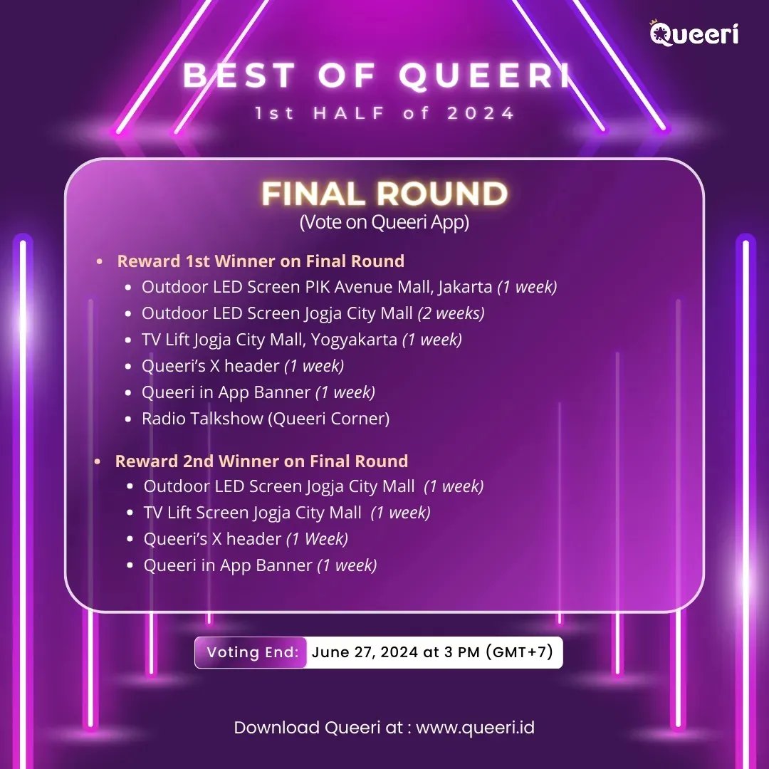 queeri_official's tweet photo. [📢] STARTING TODAY!

FINAL ROUND #BestOfQueeri 1st half 2024 is now OPEN! 
Vote your fav SEA-POP Group to be the best SEA-POP Group 🎙

Voting period: June 13-27, 2024 at 3 PM (GMT+7)

#UN1TY #SB19 #NEVEL #BINI #4EVE #G22 #TRINITY #SMASH #JKT48 #MNL48

#Queeri #Queeri_Vote https://t.co/5F7xedCzGA