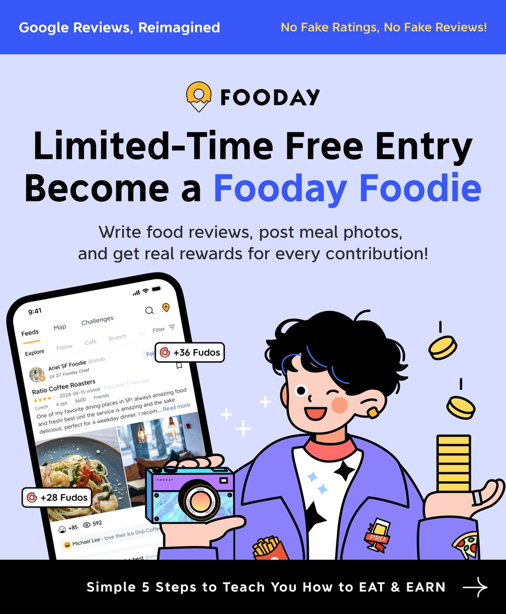 foodayapp's tweet photo. 🎉 Hey Foodies! 🎉

Want a FREE Fooca Camera? 📸✨ Complete the missions below and it's yours! 🥳 Don’t miss this limited-time offer to start earning rewards with your reviews.

1. Follow @foodayapp, like this tweet, comment whatever you want to tell us, and tag 2 friends.

2. Share this post and tag @foodayapp .

3. After completing the above tasks, send a DM to Fooday to receive a FREE Fooca Camera (ships immediately!)

Note:

👉 When Fooday ships your camera, we will check each step to ensure you complete the tasks.

👉 If your account is private, please take a screenshot and send it to us via DM for confirmation.

👉 Shares from accounts with very few followers or inactive private accounts (as determined by Fooday) will not be considered task completion.

We look forward to welcoming new foodies until the second wave of 150 cameras is distributed! If you've been curious for a while, don't miss this chance! 🍙💓

👉👉👉 Additionally, if you're using a free camera and want to save and withdraw more FOOD, you can simply purchase a paid camera from the marketplace and withdraw your accumulated rewards!

---

✨ You can also do it on our Instagram account!
👉 Check out the details
https://t.co/mPpeiJZ0Q4

#Fooday #FreeCamera #Foodies #FoodLovers #EatAndEarn @FoodayJapan