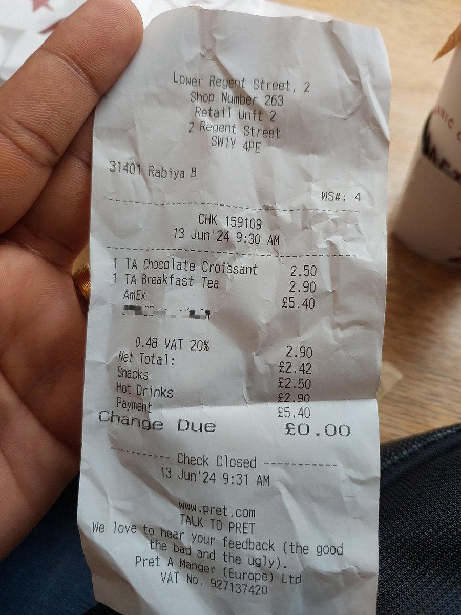 surajn83's tweet photo. @Pret teach some manners to your staff, disgusting behaviour this morning. Asked for a white tea and got a wrong one, and when i asked Rabiya at the till to add some milk she started arguing! Train your staff to serve!! https://t.co/SR86XgY9yU