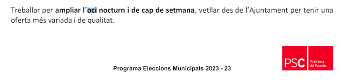 oriolcasanellas's tweet photo. De moment, el @pscvilafranca no només no ha ampliat l'oci nocturn a #Vilafranca, com prometia al programa electoral, sinó que pressiona perquè cancel·lin l'activitat els pocs que l'ofereixen. Això no ho comunicaran a bombo i platerets.
Programa electoral: https://t.co/MTGkjRb7Az https://t.co/ZF4iV9Xnpe