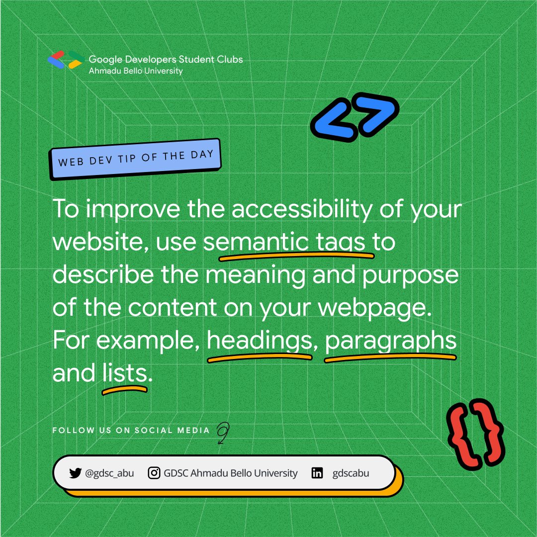 gdg_abu's tweet image. Our #devtipoftheday!

Semantic tags are the building blocks of HTML that describe the meaning and purpose of the content they enclose, rather than just how it appears visually. This makes web pages more understandable by both users and machines.

#devthursday #webdev #gdscabu