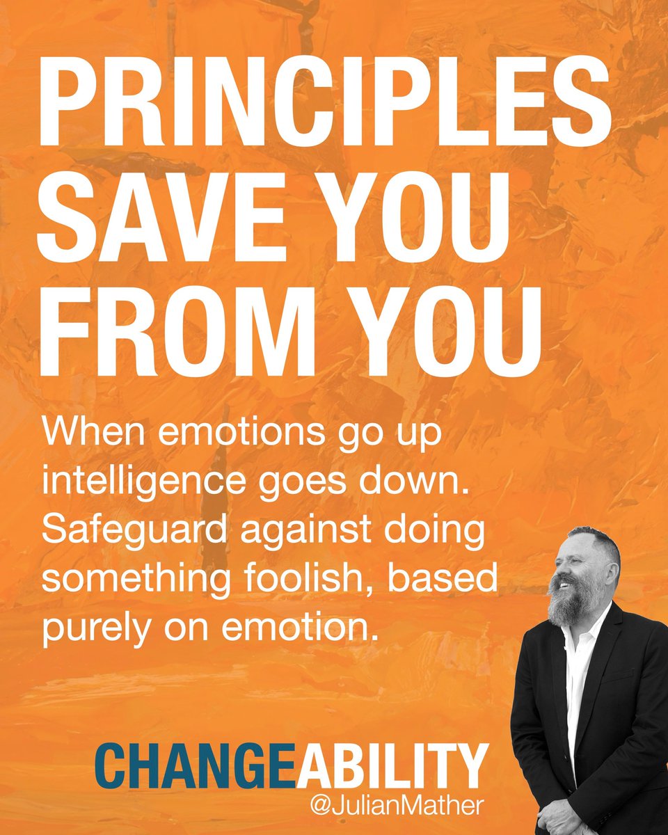 JulianMather's tweet photo. We all say dumb stuff in the heat of the moment.

Principles save you from yourself.

When emotions go up intelligence goes down. 

Safeguard against doing something foolish, based purely on emotion.

#change  #changeability #motivationalspeaker https://t.co/tHsEspge0y