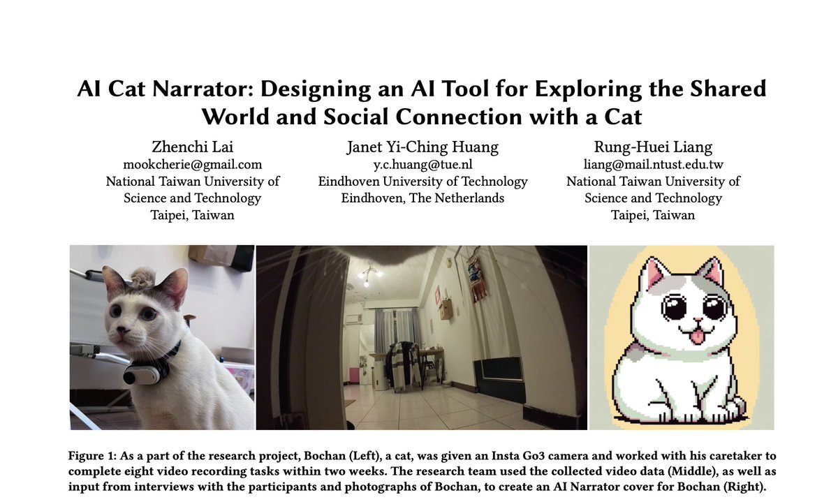janetyc's tweet photo. #2: AI Cat Narrator

This project introduces AI Cat Narrator, a new tool that can offers a unique perspective on the shared lives of humans and cats. This tool enables a co-exploration practice among humans, cats, and AI.

pre-print: https://t.co/hcEBg1czut

#DIS2024 https://t.co/gKRgsBQCEj