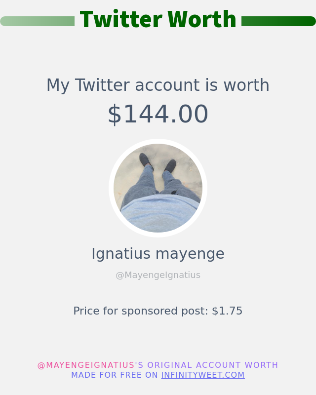 MayengeIgnatius's tweet photo. My Twitter worth is: $144.00

➡️ https://t.co/Vbi9Pvvmf7 https://t.co/GpXid5A4Td