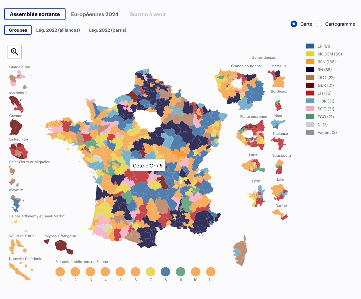 pierre_duquesne's tweet photo. Retrouvez la carte de @Contexte, made in @yannguegan, des #législatives2024. 
En un coup d’œil, elle révèle : 
- le score des européennes, par circo
- législatives 2022
- présidentielle 2022, 2017, 2012
- bio des députés
- données socio-économiques 
https://t.co/q6uS5hYegi https://t.co/r8TjsTG5IK