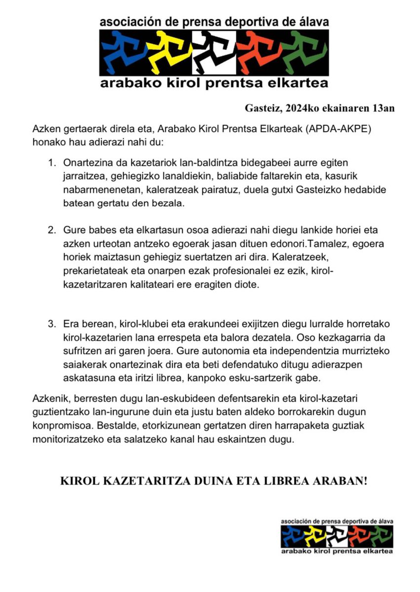 apdaakpe's tweet photo. ARABAKO KIROL PRENTSA ELKARTEAREN OHARRA (APDA-AKPE)

“Kirol-kazetaritza duina eta librea Araban” https://t.co/fyyWexuATR