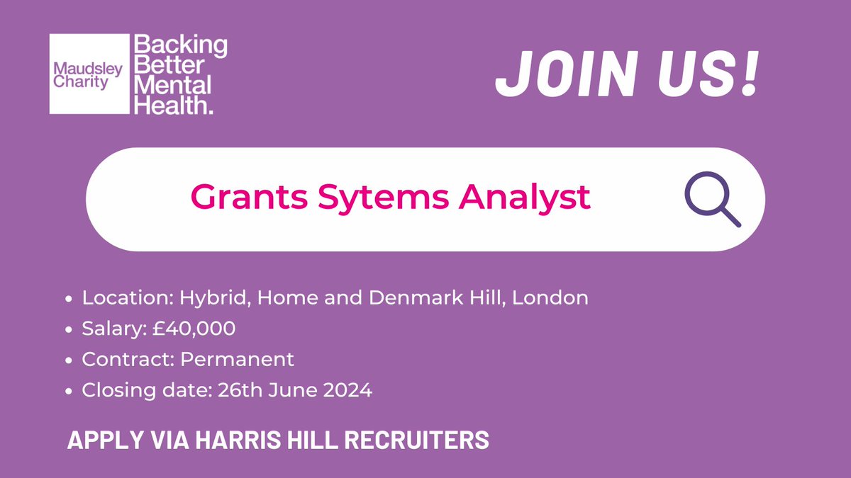 maudsleycharity's tweet photo. Do you love data, managing systems and ensuring they meets user needs? Maybe you could be our new Grants Systems Analyst?

Find out more at: https://t.co/49N5sSGcS4 or via the @HarrisHillJobs.

Applications close 26 June

#charityjobs #hiring #thirdsectorjobs https://t.co/s4bCX9eyzh