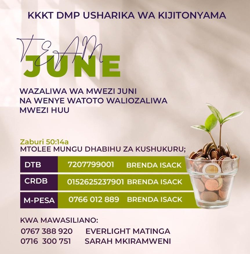 KKKT_KIJITO's tweet photo. Amani iwe nawe mpendwa.
Tunapenda kuwakaribisha wazaliwa wa mwezi June kujiunga na #TeamJune kwa ajili ya sadaka maalum ya Shukrani.
Jiunge nao hapa
..
https://t.co/fCTHqd5af9
.
. https://t.co/FDG0cCMqwz