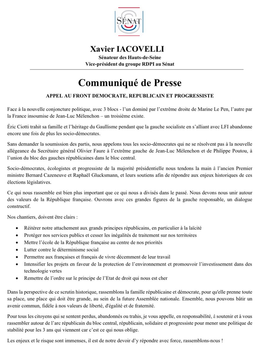 📣 | J'appelle à un Front démocrate, républicain et progressiste face aux 2 blocs extrêmes des lepenistes et des melenchonistes.

Dans la perspective de ce scrutin historique, rassemblons la famille républicaine et démocrate, pour qu'elle prenne toute sa place, une place qui doit