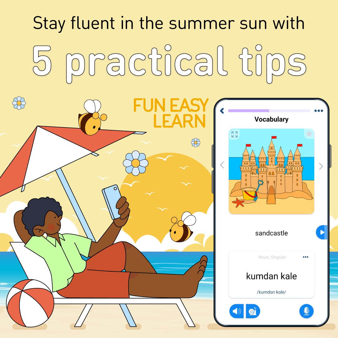 FunEasyLearn's tweet photo. Swamped with #summer plans?☀️
Don't let the sun melt your #languagelearning away!

Here's what you need: 
🎯Set realistic #goals
📅Be consistent
🔔Use #reminders
🚀Make #learning fun
🤝Stay accountable

Make your summer efficient with #FunEasyLearn 
🌐https://t.co/gcDVEFHkiN https://t.co/wMo2ODzwl8
