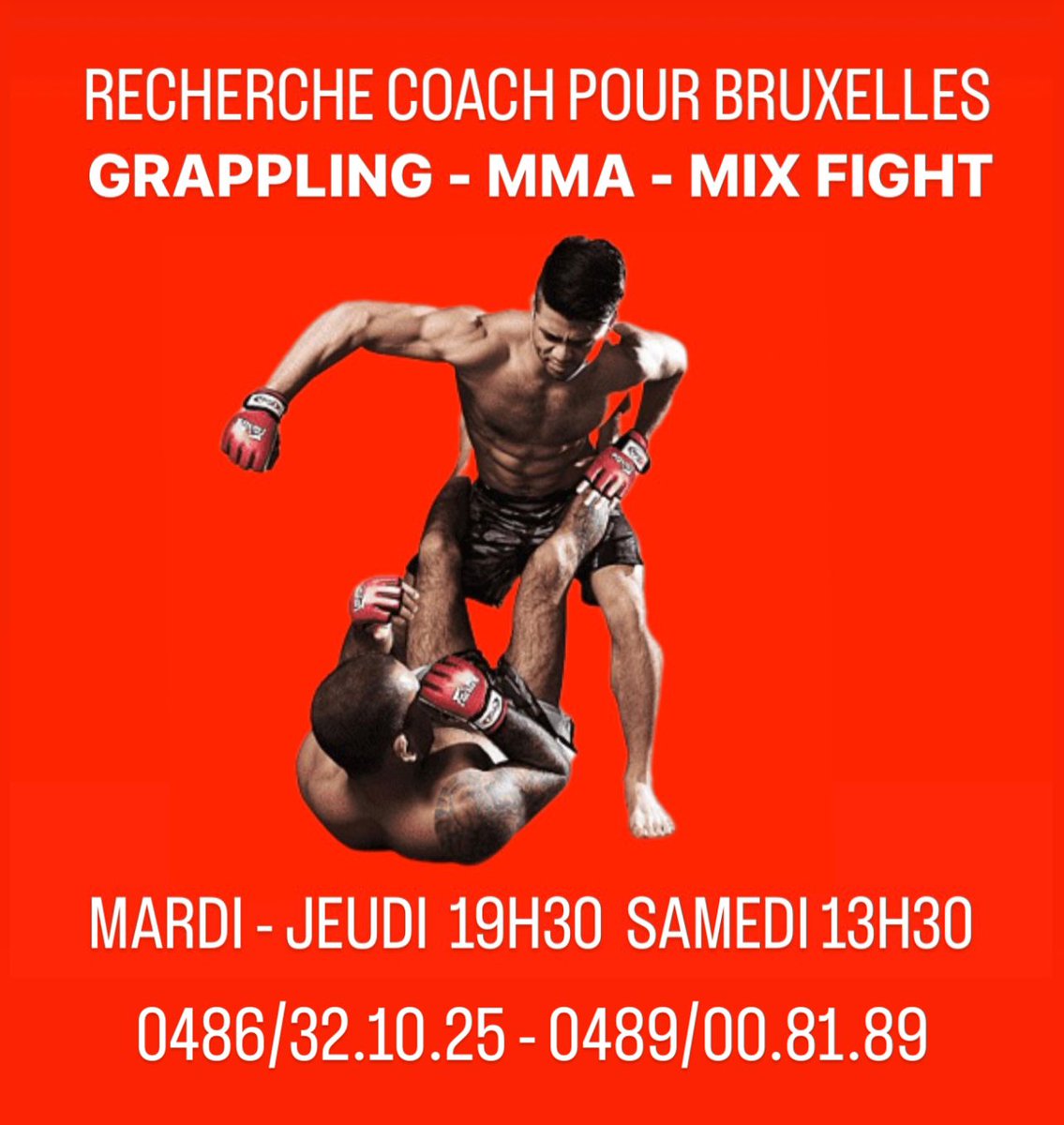 RECHERCHE COACH GRAPPLING-MMA
Nous recherchons pour septembre 2024
Un coach de Grappling - MMA 
pour démarré avec un nouveau projet sur Bruxelles
mardi et jeudi de 19h30 à 21h00
et samedi 13h30 à 15h00
Pour des jeunes a partir de 15 ans jusqu’à 77 ans 
Contact : 0486/32.10.25