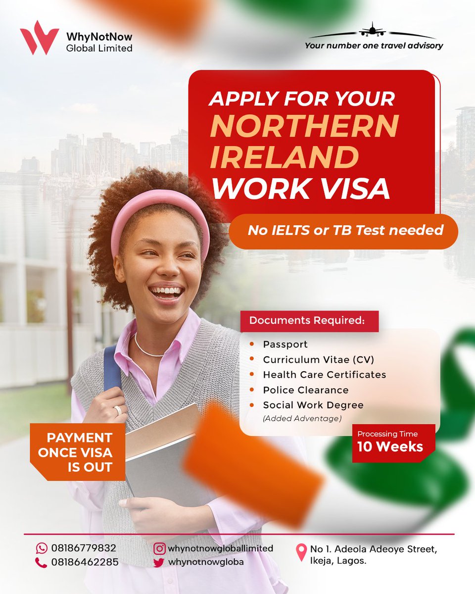 Whynotnowgloba's tweet photo. Start Your Career in Northern Ireland: Work Visa with No IELTS or TB Test!
Contact us to get started.
#northernireland #northernirelandworkvisa #workvisa #visa #visaprocessing #workinnorthernireland #traveltonorthernireland #travelagency #travelconsultant https://t.co/XmvIbRo5MA