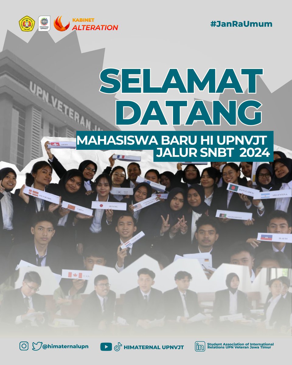 HIMATERNALUPN's tweet photo. 🎉🌟 SELAMAT DATANG MAHASISWA BARU JALUR SNBT HUBUNGAN INTERNASIONAL! 🌟🎉
Halo Calon Mahasiswa Baru!
Kami dari Himpunan Mahasiswa Hubungan Internasional UPN Veteran Jawa Timur dengan gembira ingin mengucapkan selamat dan menyambut kedatangan kalian yang telah berhasil diterima https://t.co/dEgirVqEM6