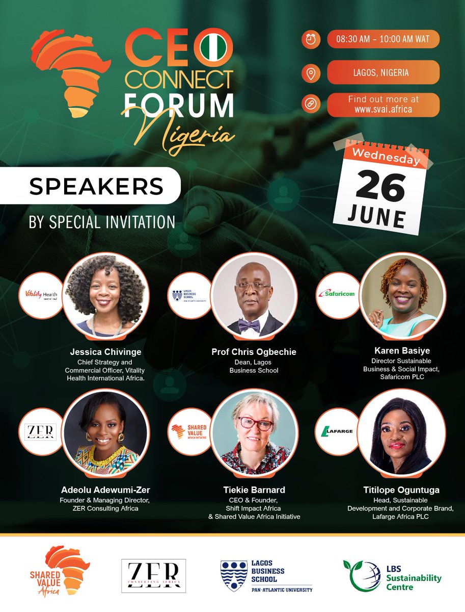 SVAIAfrica's tweet photo. Meet a Shared Value Leader at the Nigeria Launch!
We're excited to introduce to you: Adeolu Adewumi-Zer, Prof Chris Ogbechie, Jessica Chivinge, Karen Basiye, Titilope Oguntuga, and Tiekie Barnard as our key speakers.
#CEOconnectforum #SharedValueNigeria https://t.co/le0QnZXxKi