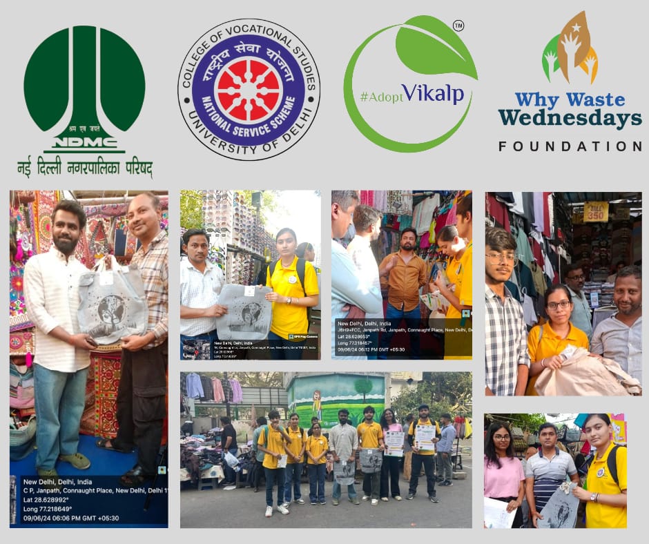 tweetndmc's tweet photo. #NDMC with Why Waste Wednesdays Foundation &amp; NSS-CVS organized an awareness drive against banned single-use plastics at Janpath Vikalp Haat, New Delhi, today. 
Free recycled cloth bags were distributed converting shops into Vikalp stalls.

#SwachhSurvekshan2024 https://t.co/8BQ9Iump66