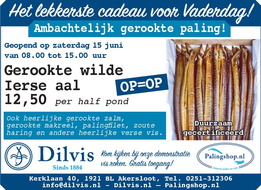 Bijna #Vaderdag! Bestel online een Pondje heerlijke gerookte aal, of kom zaterdag langs in #Akersloot bij onze demonstratie vis roken! Meer info: dilvis.nl #paling #gerooktepaling