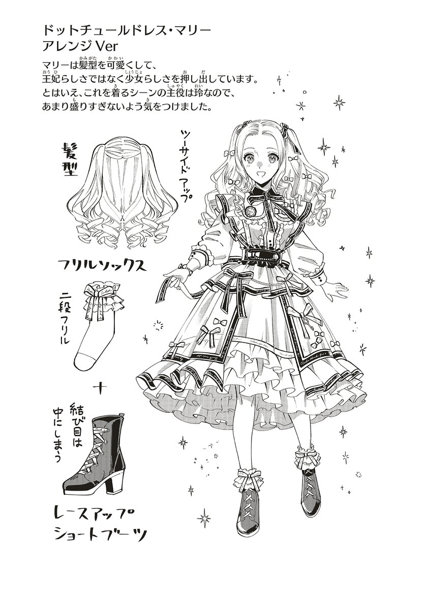 『四畳半王妃』特別編おまけ3
ドットチュールをつかったちょっとポップな印象のドレスは、玲と陽菜の合作。
アレンジ後は、白いシースルー素材の縁にロゴ入りリボンを使って、透明感とカジュアルを融合。
朝霧が手掛けたクラシカルなデザインと、ちょっと雰囲気を変えています。