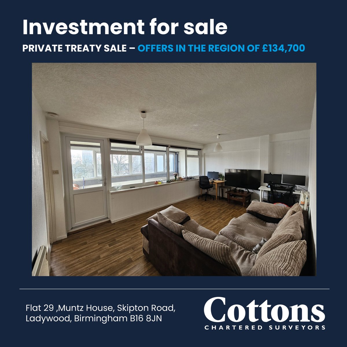 CottonsCS's tweet photo. INVESTMENT FOR SALE – PRIVATE TREATY SALE – OFFERS IN THE REGION OF £134,700 -  Flat 29 ,Muntz House, Skipton Road, Ladywood, Birmingham B16 8JN

INVESTMENT WITH TENANT IN SITUATION PAYING £950PCM.

Contact our Sales Team today!
☎️ 0121 247 4747 ✉️ sales@cottons.co.uk https://t.co/V2bxVr174s