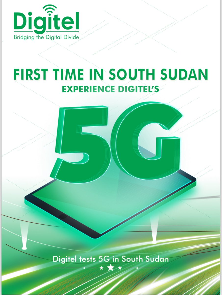 DigitelSS's tweet photo. Exciting News! Digitel South Sudan is proud to be the 1st telecommunications company in South Sudan to bring you the power of 5G! Experience lightning-fast speeds &amp; unprecedented connectivity. Join us as we usher in a new era of communication. #098Khalas #BridgingTheDigitalDivide https://t.co/wDKHoGsp7m